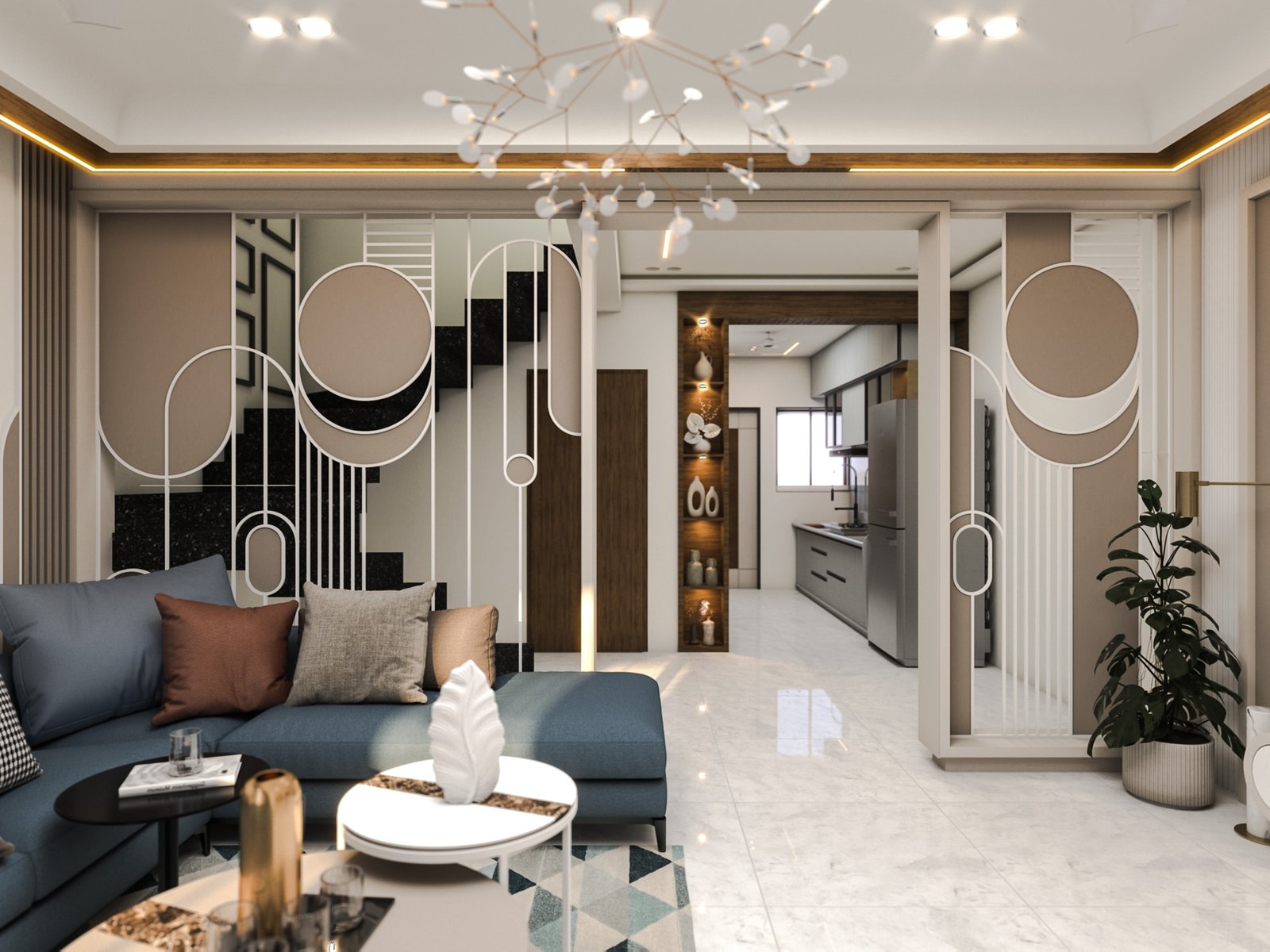 Living room render, entry view