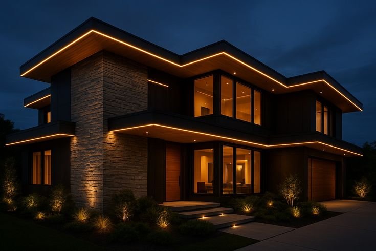 Contemporary residence night elevation